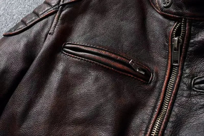 Vintage Black Brown Real Cowhide Genuine Leather Jacket Real Fur Men's Leather Jacket Bomber Men Leather Jacket Motorcycle Coat