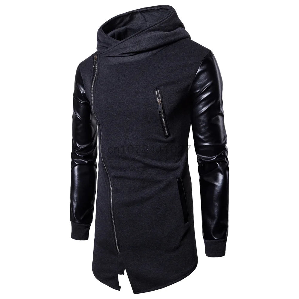 2025 Patchwork Leather Sleeve Fashion Black Tops Men Jacket Coat Spring Autumn Sweatshirt Slim Fit Pullover Tracksuits Masculino