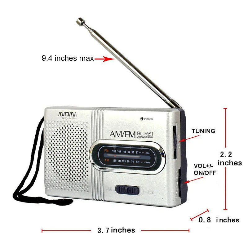 BC-R21 Portable AM FM Radio Receiver Player Built-in Speaker with a Standard 3.5MM Headphones Handheld Lightweight Ultra Thin