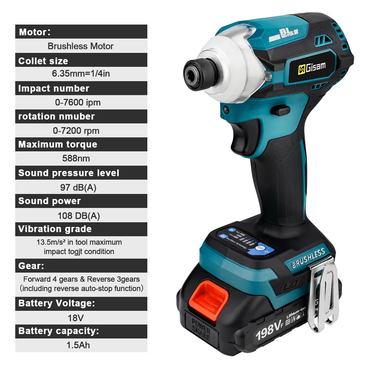 588N.m Cordless Brushless Impact Driver Kit Cordless Drill Electric Screwdriver 4-Speed 1/4‘’ 3 LED Light for Makita 18V Battery