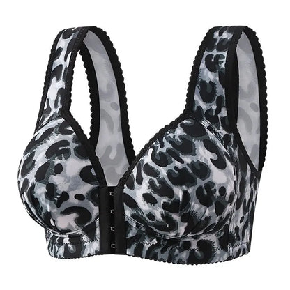 Women's Breathable Side-lifting Maternity Underwear Leopard Print Large Size Ultra-thin No Underwire Front-closure Bra