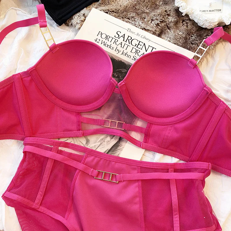 Europe Women Underwear Set Sexy Lace Hollow Breathable Widen Buckle Lingerie Underwire Push Up Bra and Panties Rose Intimates