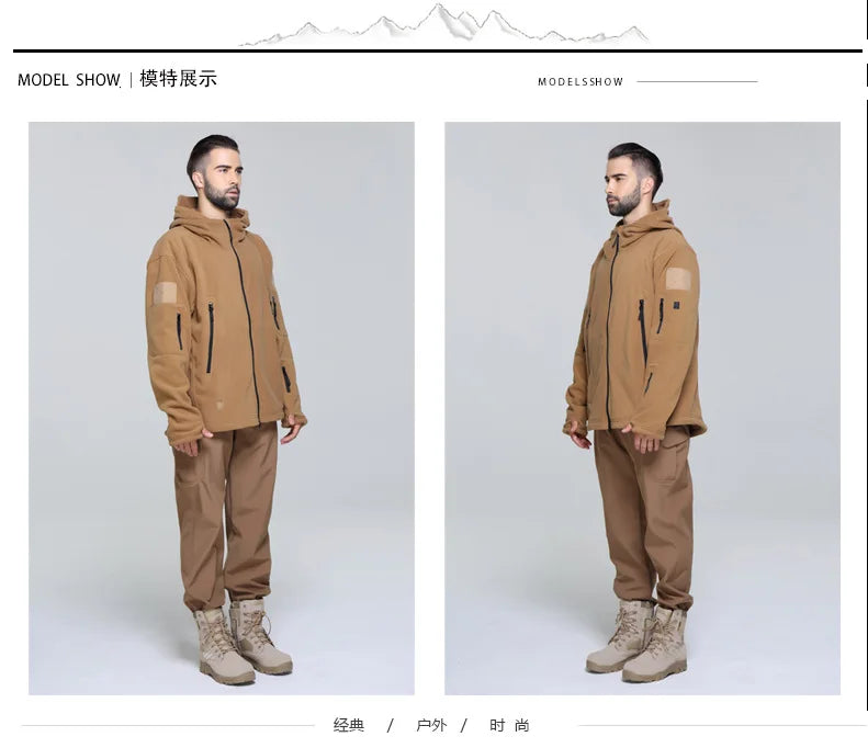 Fleece Hooded Camouflage Jacket Men Women Multi-Pockets Coat Outdoor Trekking Hiking Climbing Camping Tooling Clothes S-4XL