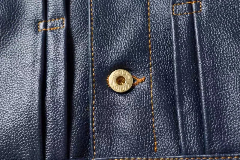 2023 New Leather Jacket Men's Single-Breasted Denim Blue Retro Old Motorcycle Leather Jacket Slim-Fit Lapel Coat