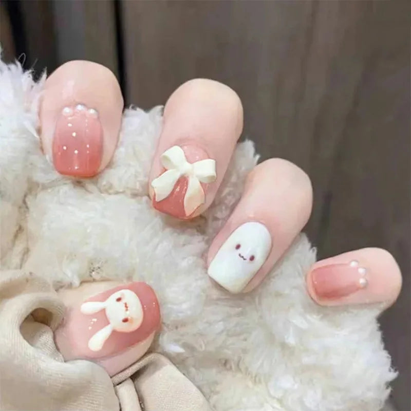 24Pcs Mid-length Ballet False Nails Cute Childlike Rainbow Press On Nails Iced Through Milk Tea Fake Nails Free Shipping Items