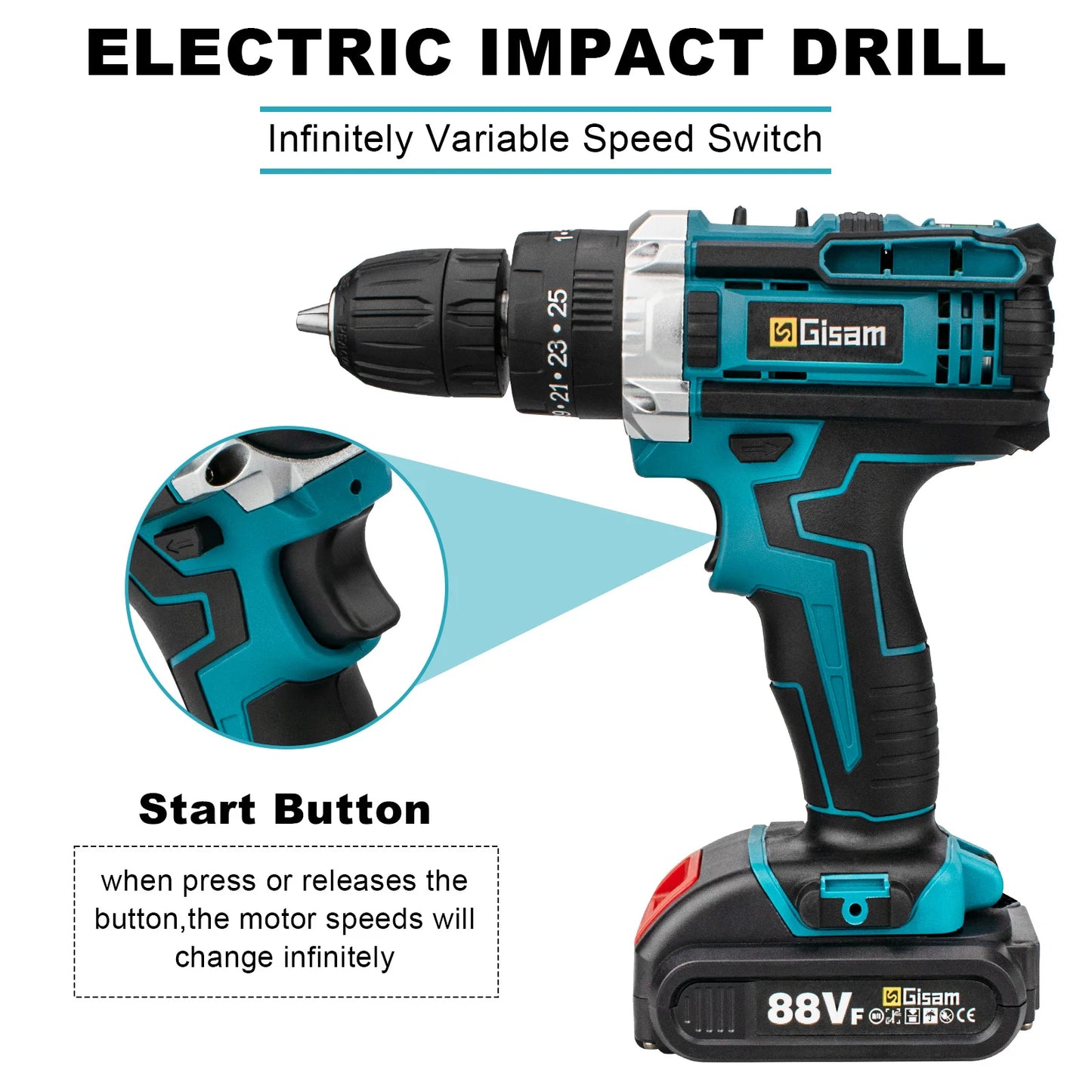 Gisam Battery Impact Screwdriver Multifunctional Cordless Drill Power Tool 25+3 Torque Setting 2 Gear Speed Electric Screwdriver