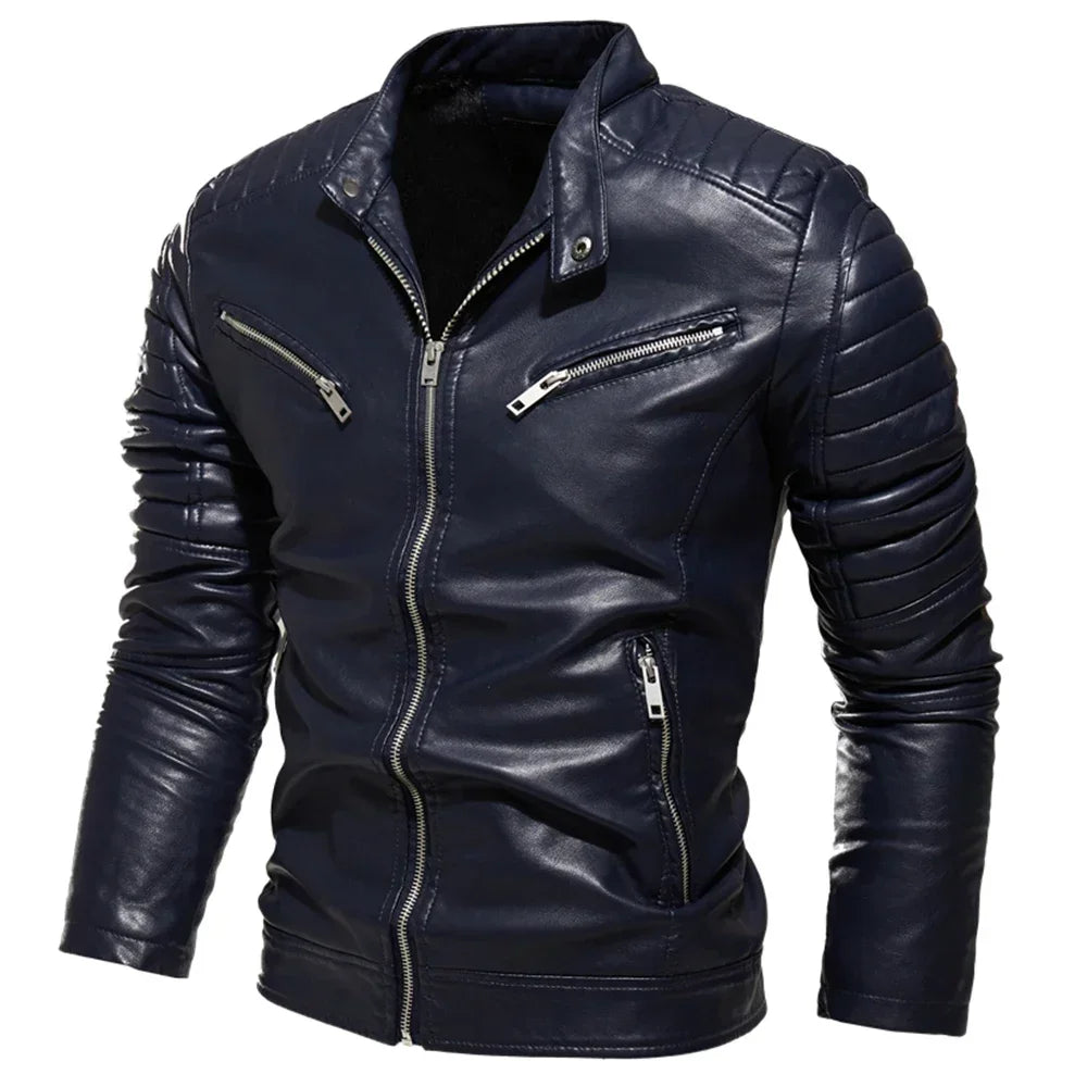 Men Fur Lined Warm Motorcycle Jacket Slim Street Fashion BLack Biker Coat Pleated Design Zipper 2024 Winter Black Leather Jacket