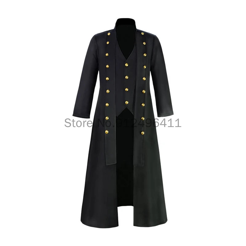 Medieval Men Vintage Costumes Steampunk Gothic Black Long Jacket Coat Vampire Cosplay Pirate Halloween Outfit Men's Trenchcoat