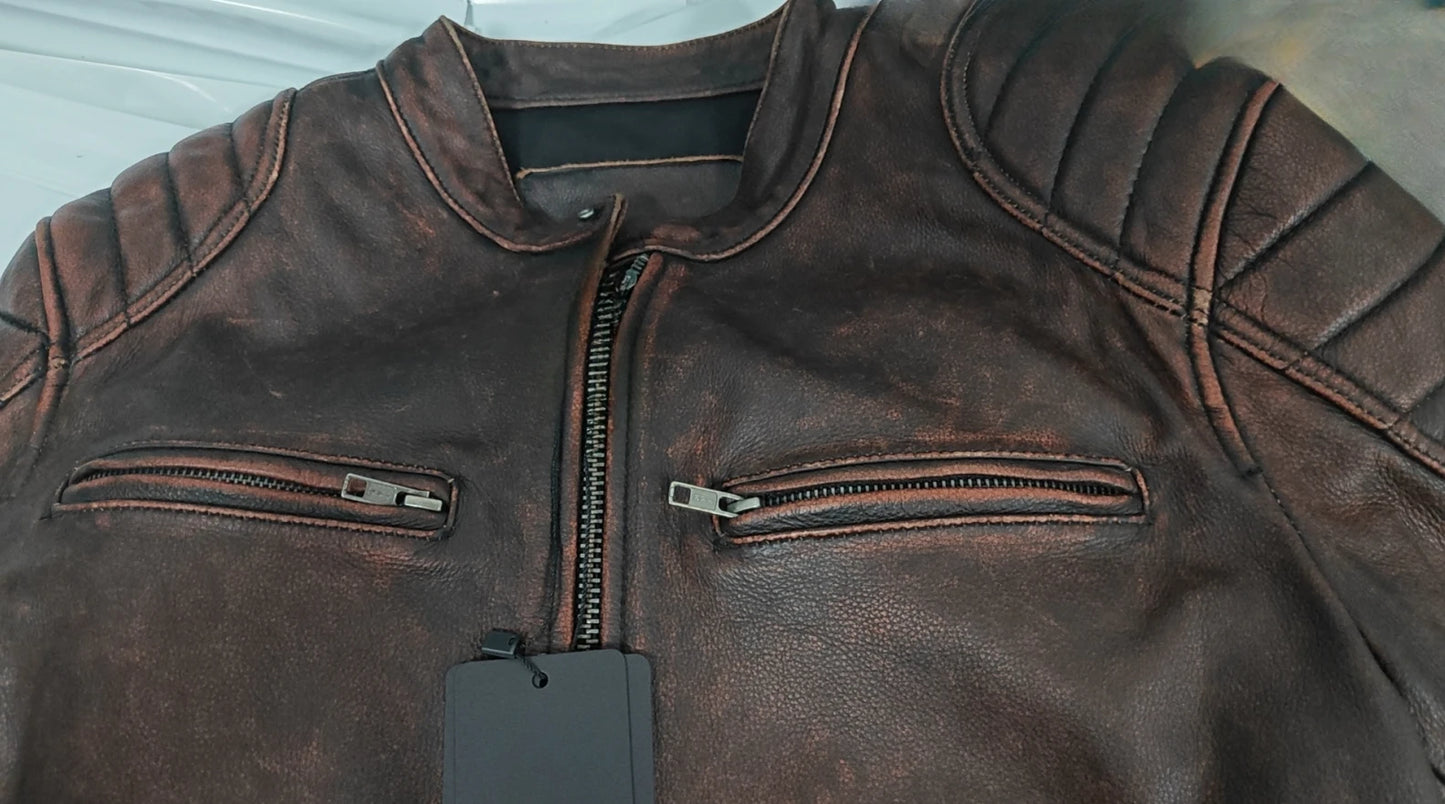 Vintage Black Brown Real Cowhide Genuine Leather Jacket Real Fur Men's Leather Jacket Bomber Men Leather Jacket Motorcycle Coat