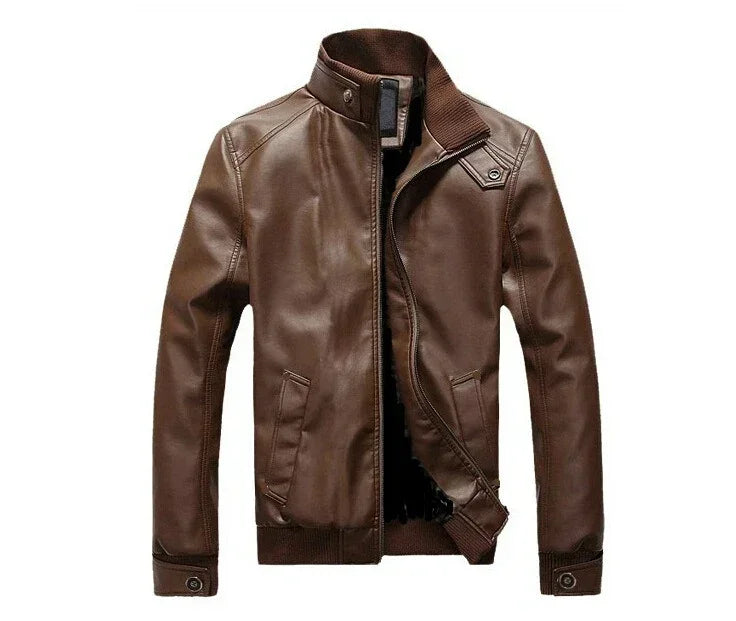 Autumn Winter Brown Leather Jacket Men Oversize Faux Leather Motorcycle Jacket Male Stand Collar Long Sleeve Moto Biker Coat 3xl