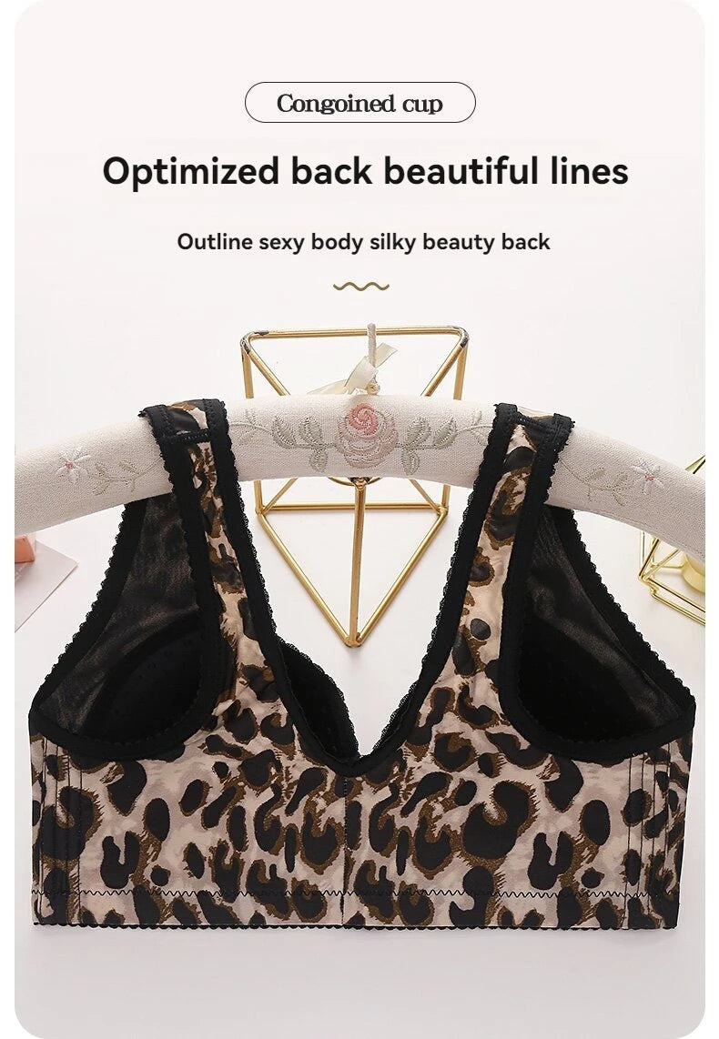 Women's Breathable Side-lifting Maternity Underwear Leopard Print Large Size Ultra-thin No Underwire Front-closure Bra