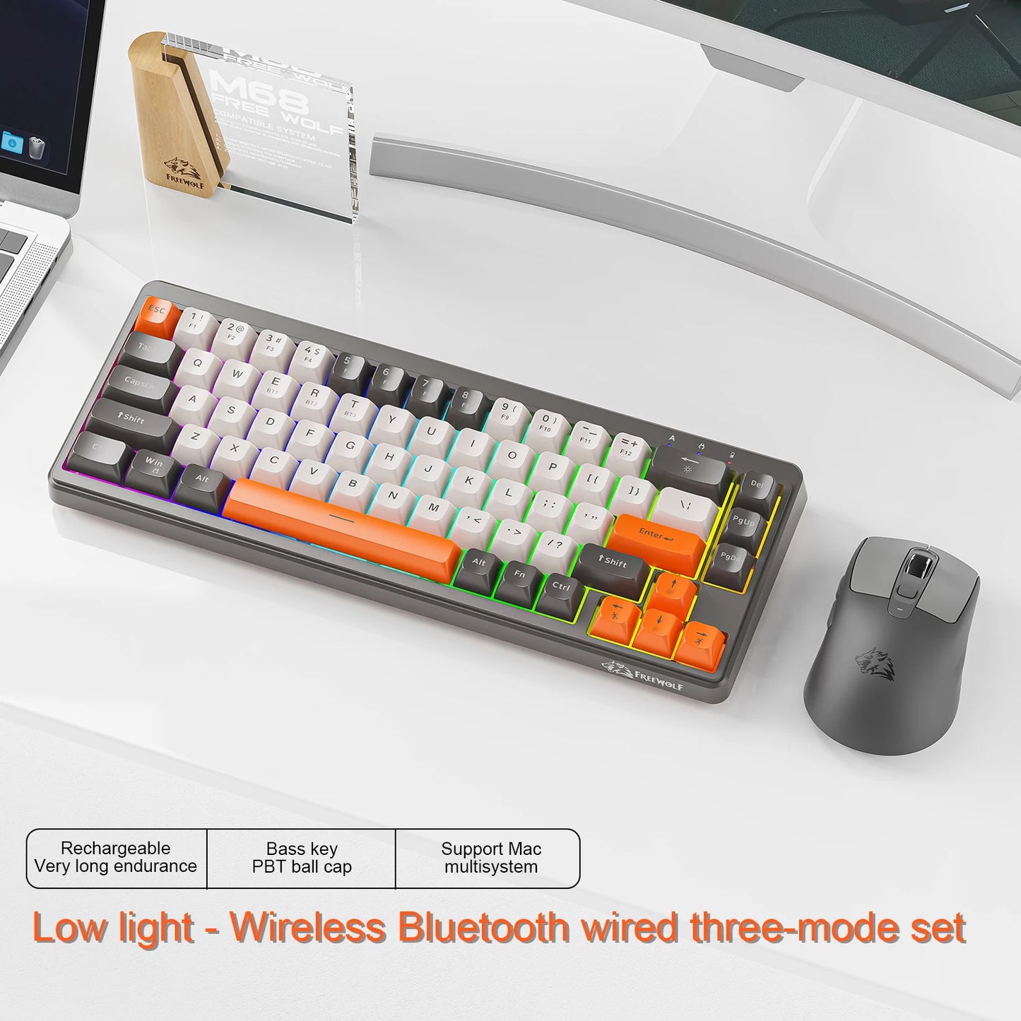 FREEWOLF M68 Wireless Keyboard and Mouse Set Multidevice Connection 68 Keys Mini Keyboard and A3 Mouse Kit PBT keycaps Backlight