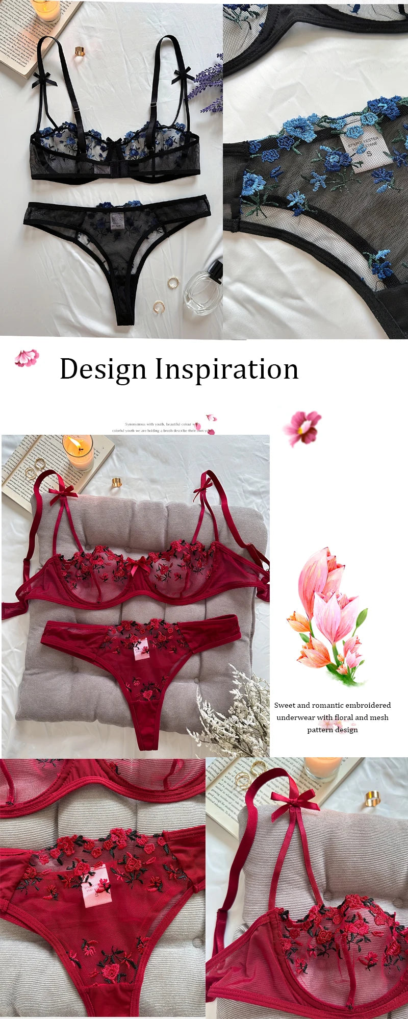 Night Beautiful Sexy Women 2 Piece floral Embroidery Underwear Sexy Erotic lingerie underwear Set