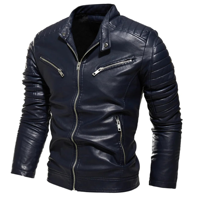 Men Fur Lined Warm Motorcycle Jacket Slim Street Fashion BLack Biker Coat Pleated Design Zipper 2024 Winter Black Leather Jacket