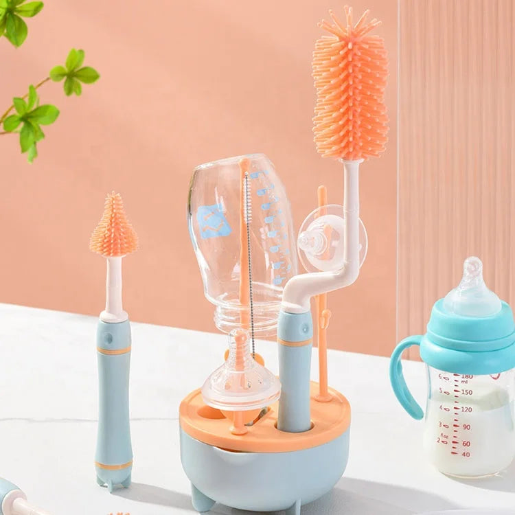 Feeding Milk Bottle Cleaning Brush Set Stand Holder Silicone Cup Brush Baby Bottle Brush