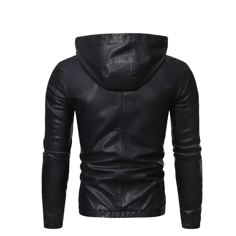 Autumn Winter Slim Fit Oversize Mens Hooded Motorcycle Leather Jacket Faux Leather Moto Biker Jacket Men Black PU Coat Male 3xl