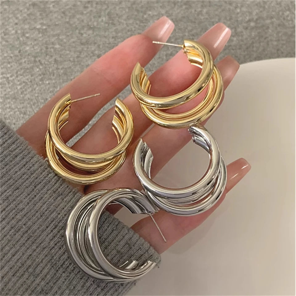 UILZ Gold Silver Color Hoop Earrings For Women Korean Fashion Three-layer Hoops Big Thick Round Earrings Piercing Jewelry Gifts