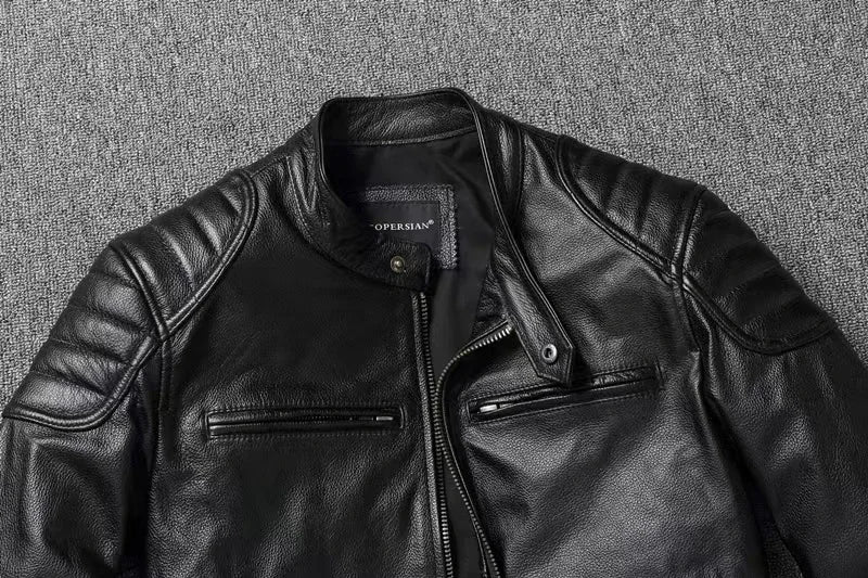 Vintage Black Brown Real Cowhide Genuine Leather Jacket Real Fur Men's Leather Jacket Bomber Men Leather Jacket Motorcycle Coat