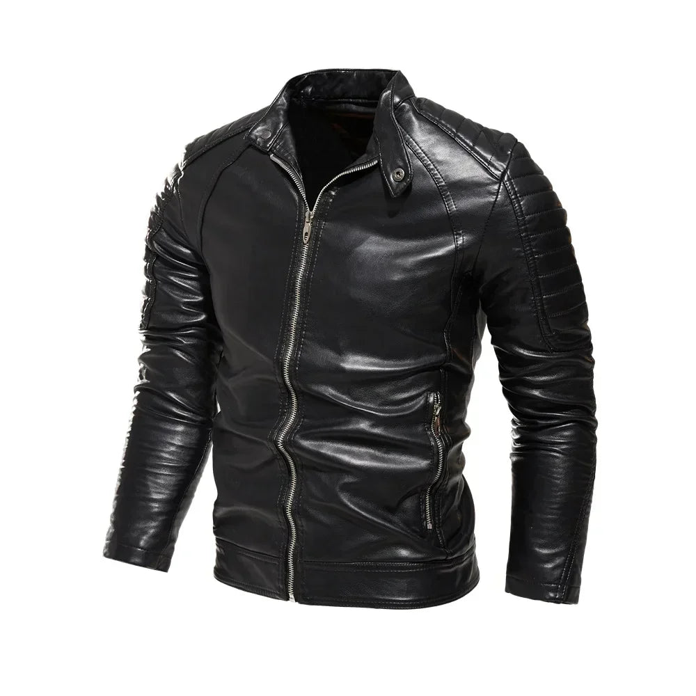 Men Fur Lined Warm Motorcycle Jacket Slim Street Fashion BLack Biker Coat Pleated Design Zipper 2024 Winter Black Leather Jacket