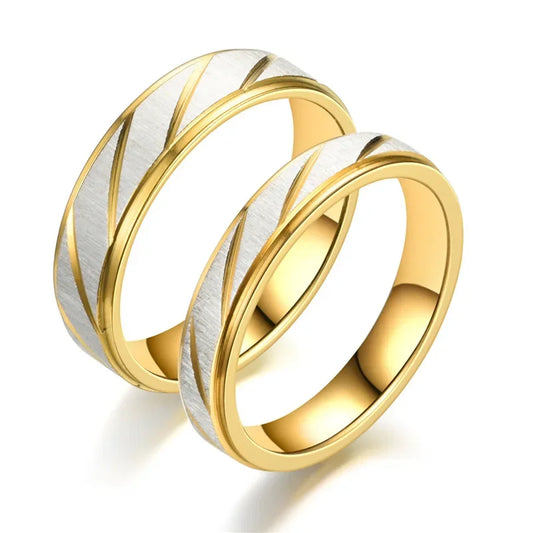 Fashion Gold Stripes Couple Rings 6mm 4mm Stainless Steel Contrast Color Jewelry Valentine's Day Gifts