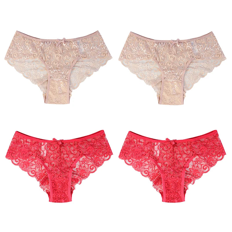 4Pcs Woman Sexy Lace Panties Female Briefs Underwear For Women Breathable Panty Hollow Lingerie Briefs Bow Underpants