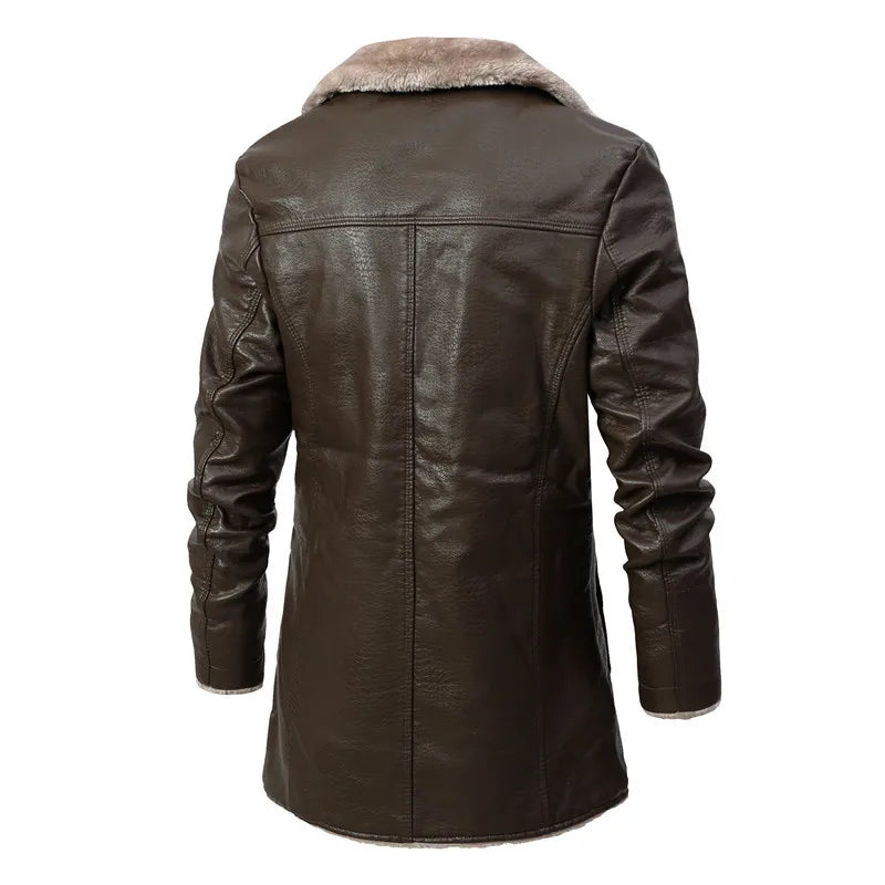 Men's Mid-length Leather Coat Autumn Winter Business European Size Plus Fleece Large Lapel Suit Fur Coat Men Jacket Men