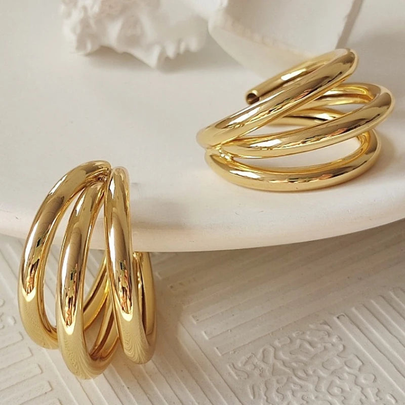 UILZ Gold Silver Color Hoop Earrings For Women Korean Fashion Three-layer Hoops Big Thick Round Earrings Piercing Jewelry Gifts