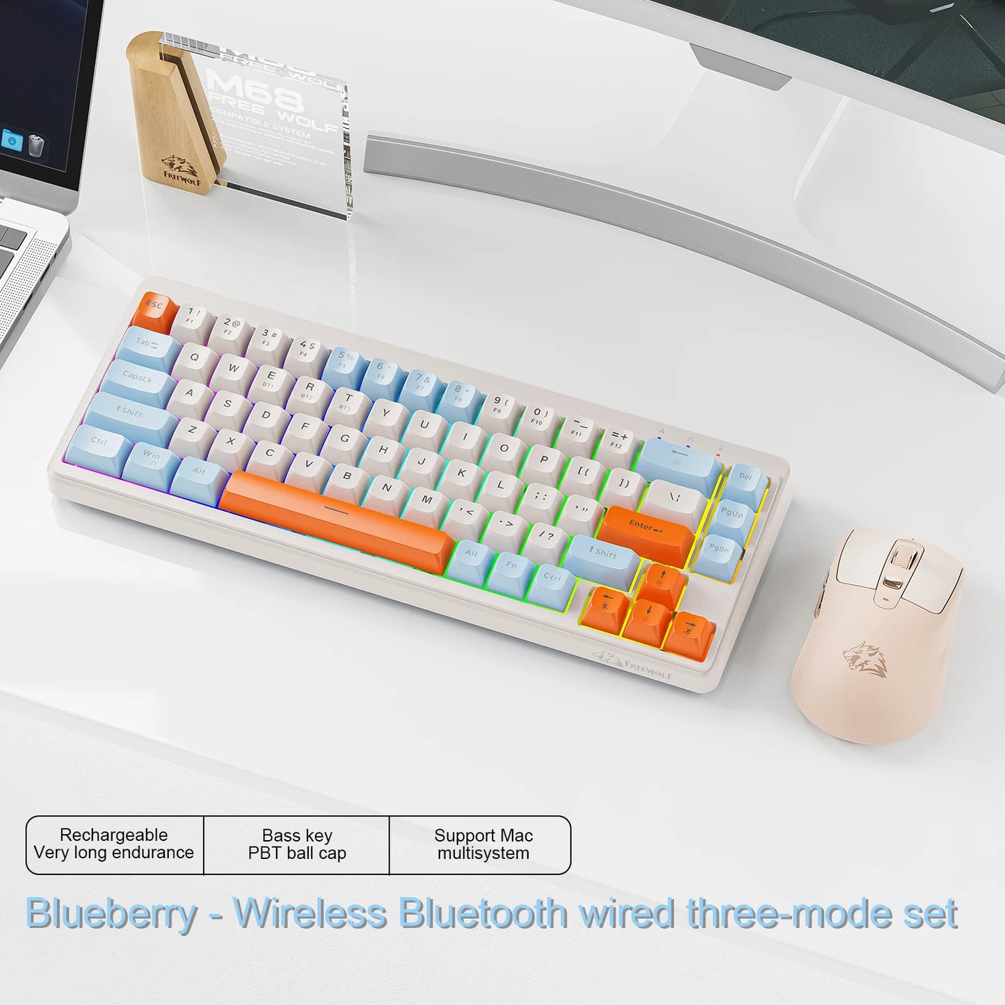 FREEWOLF M68 Wireless Keyboard and Mouse Set Multidevice Connection 68 Keys Mini Keyboard and A3 Mouse Kit PBT keycaps Backlight