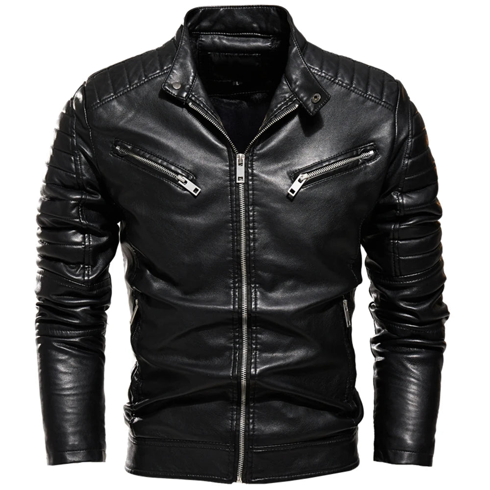 Men Fur Lined Warm Motorcycle Jacket Slim Street Fashion BLack Biker Coat Pleated Design Zipper 2024 Winter Black Leather Jacket