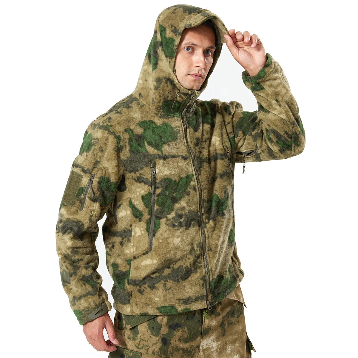 Fleece Hooded Camouflage Jacket Men Women Multi-Pockets Coat Outdoor Trekking Hiking Climbing Camping Tooling Clothes S-4XL