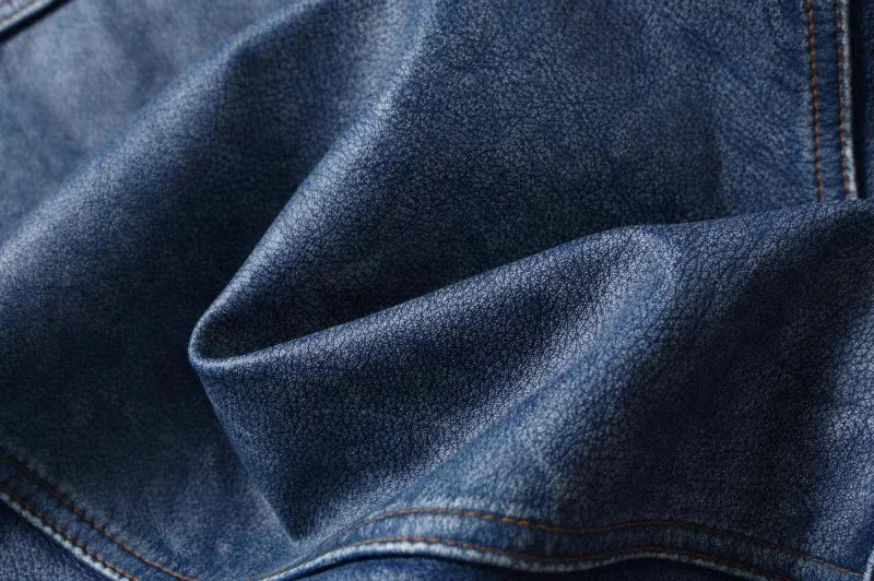 2023 New Leather Jacket Men's Single-Breasted Denim Blue Retro Old Motorcycle Leather Jacket Slim-Fit Lapel Coat