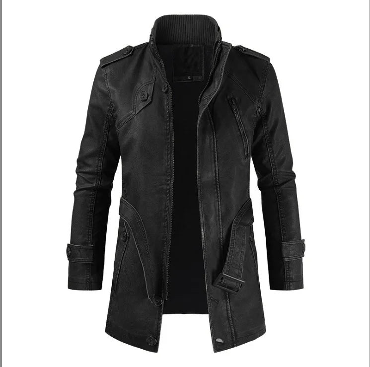 Leather Coat Men Stand-up Collar Autumn Winter New Men Mid-Length Casual Fashion Slim Fit Solid Color Leather Jacket