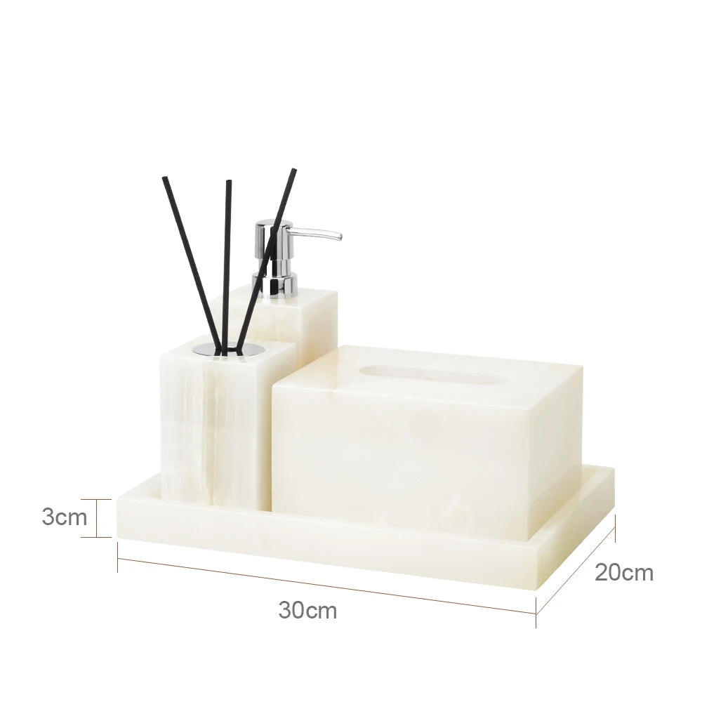 White Onyx Natural Marble Bathroom Accessories Luxury Soap Dispenser Cotton Swabs Container Reed diffuser Tray Bathroom Set