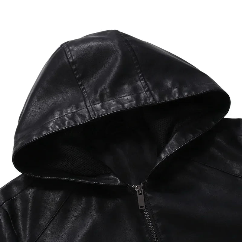 Autumn Winter Slim Fit Oversize Mens Hooded Motorcycle Leather Jacket Faux Leather Moto Biker Jacket Men Black PU Coat Male 3xl