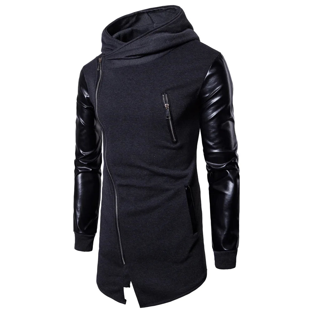 2025 Patchwork Leather Sleeve Fashion Black Tops Men Jacket Coat Spring Autumn Sweatshirt Slim Fit Pullover Tracksuits Masculino