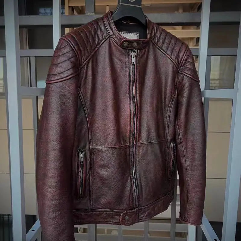 Vintage Black Brown Real Cowhide Genuine Leather Jacket Real Fur Men's Leather Jacket Bomber Men Leather Jacket Motorcycle Coat