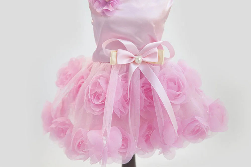 Pet Small Dog Wedding Dress with Bowknot Birthday Party Costume Satin Rose Pearls Girl Formal Dress for Puppy Dog Cat Tutu Dress