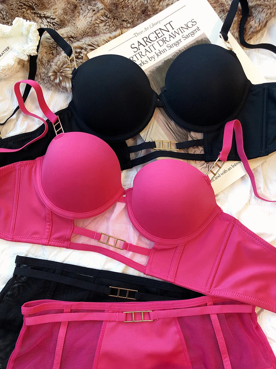 Europe Women Underwear Set Sexy Lace Hollow Breathable Widen Buckle Lingerie Underwire Push Up Bra and Panties Rose Intimates