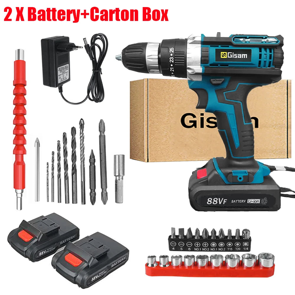 Gisam Battery Impact Screwdriver Multifunctional Cordless Drill Power Tool 25+3 Torque Setting 2 Gear Speed Electric Screwdriver