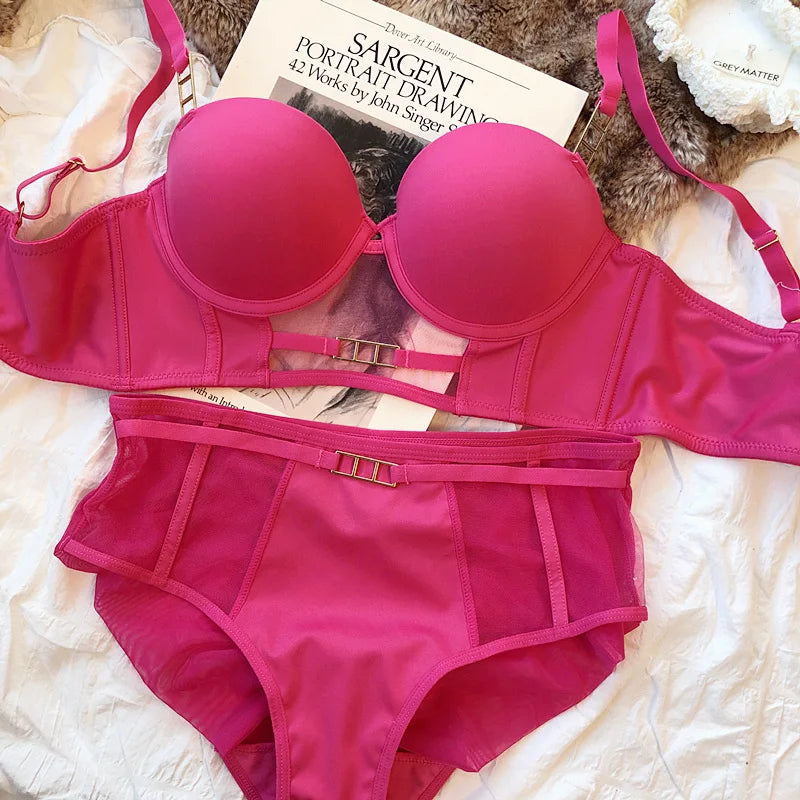 Europe Women Underwear Set Sexy Lace Hollow Breathable Widen Buckle Lingerie Underwire Push Up Bra and Panties Rose Intimates