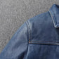 2023 New Leather Jacket Men's Single-Breasted Denim Blue Retro Old Motorcycle Leather Jacket Slim-Fit Lapel Coat