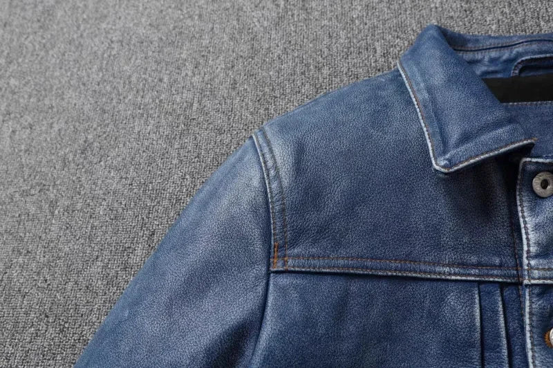 2023 New Leather Jacket Men's Single-Breasted Denim Blue Retro Old Motorcycle Leather Jacket Slim-Fit Lapel Coat