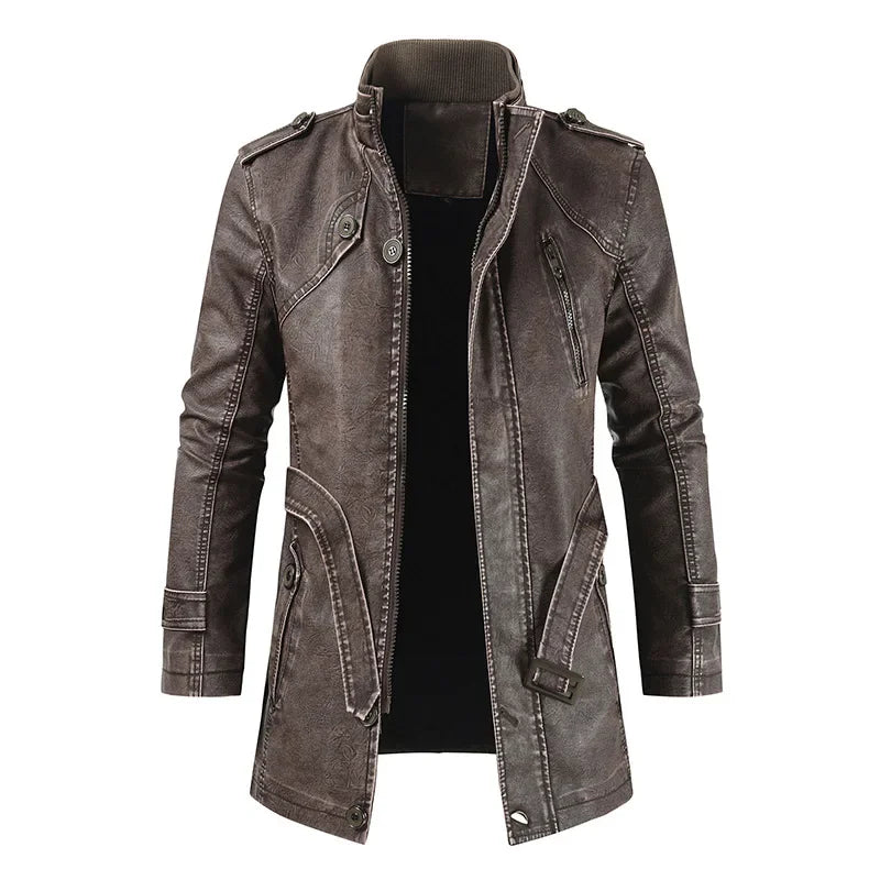 Leather Coat Men Stand-up Collar Autumn Winter New Men Mid-Length Casual Fashion Slim Fit Solid Color Leather Jacket
