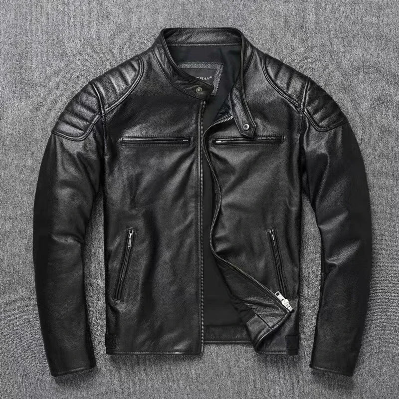 Vintage Black Brown Real Cowhide Genuine Leather Jacket Real Fur Men's Leather Jacket Bomber Men Leather Jacket Motorcycle Coat