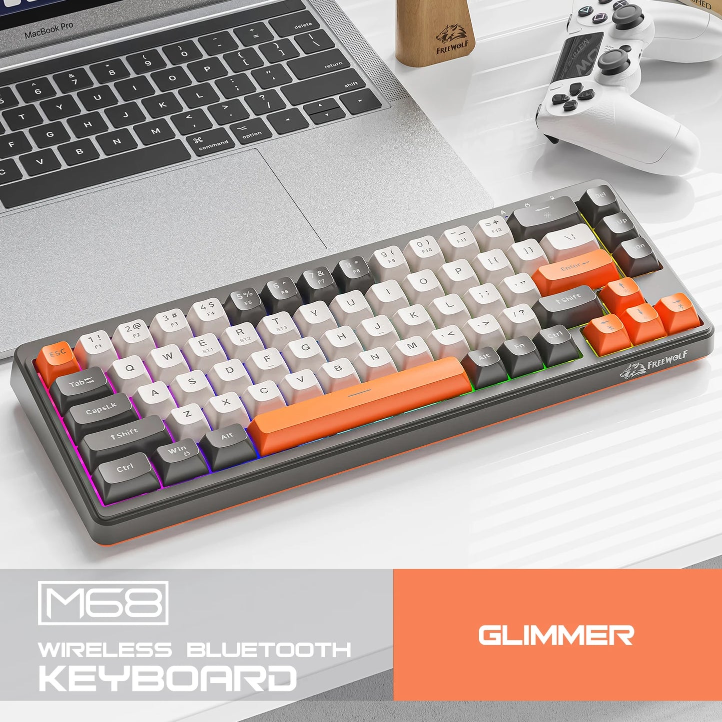 FREEWOLF M68 Wireless Keyboard and Mouse Set Multidevice Connection 68 Keys Mini Keyboard and A3 Mouse Kit PBT keycaps Backlight