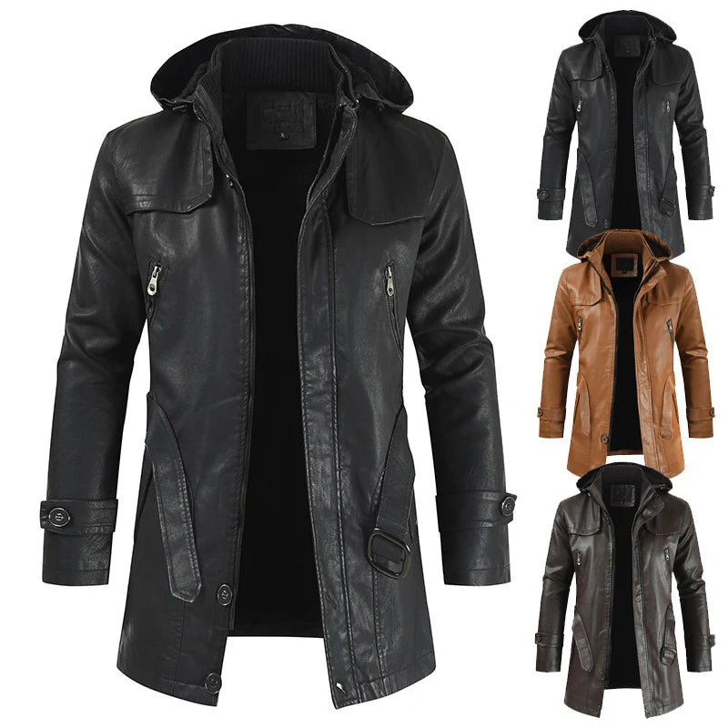 2024 Winter Men's Leather Motorcycle Leather Korean Fashion Jacket Coat Windproof Clothes Men's Hooded Medium Long