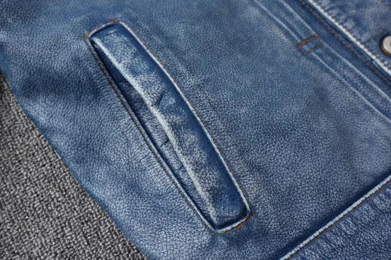 2023 New Leather Jacket Men's Single-Breasted Denim Blue Retro Old Motorcycle Leather Jacket Slim-Fit Lapel Coat