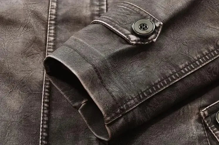 Leather Coat Men Stand-up Collar Autumn Winter New Men Mid-Length Casual Fashion Slim Fit Solid Color Leather Jacket