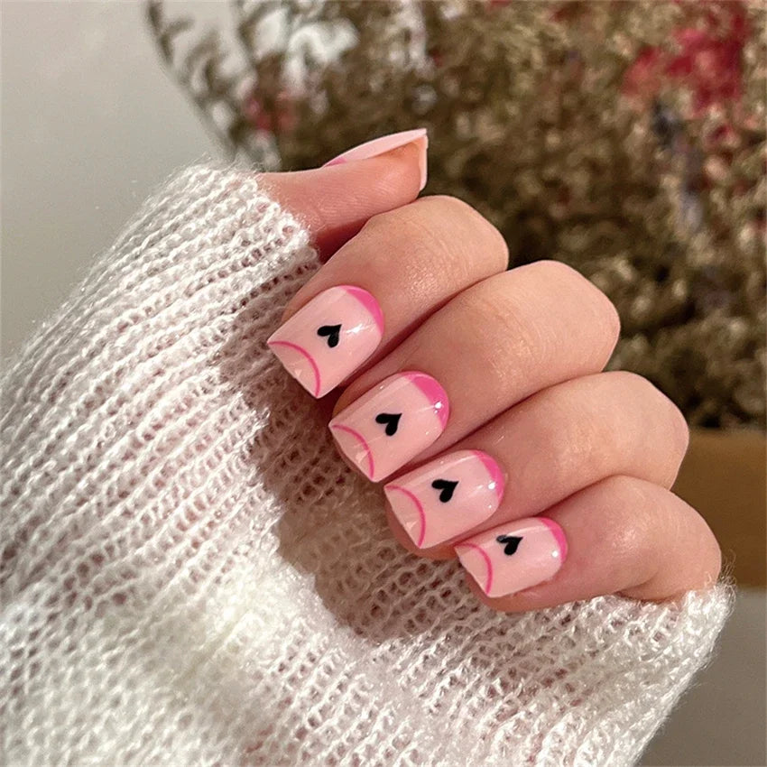 24p Artificial Acrylic Nail Art Fake Nails Full Coverage Removable Press On Nails Tip French Light Pink Heart False Nail Designs