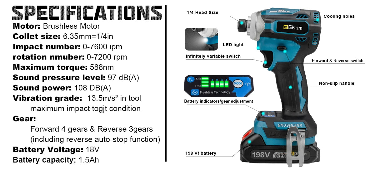 588N.m Cordless Brushless Impact Driver Kit Cordless Drill Electric Screwdriver 4-Speed 1/4‘’ 3 LED Light for Makita 18V Battery